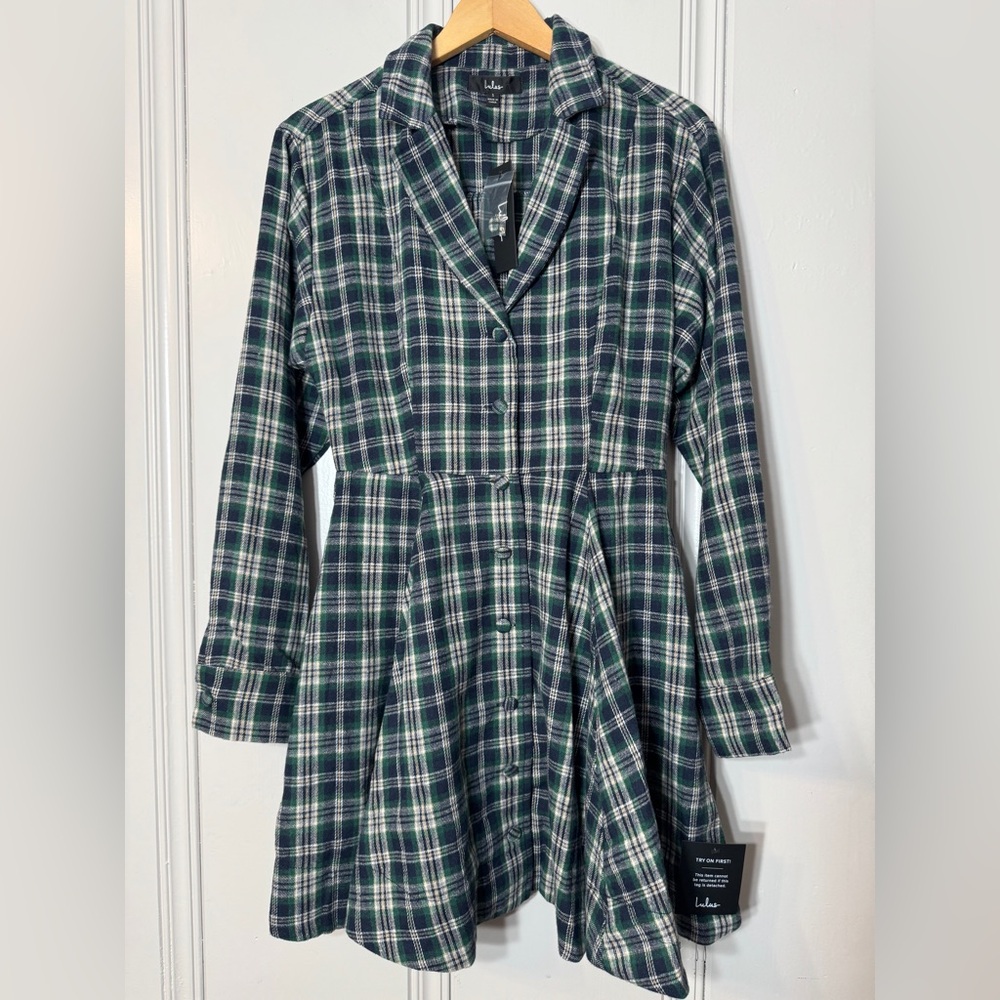 Lulu’s NWT Autumnal Attitude Navy Blue‎ Plaid Skater Mini Dress With Pockets S